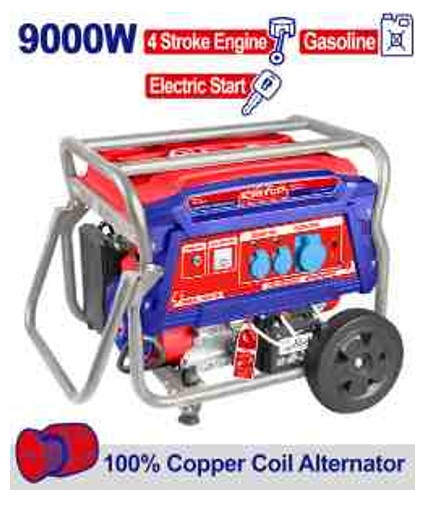 Gasoline Generator 9.0kW Max Output, 7.5kW Rated Output, 220-240V 50Hz, 4-Stroke Engine, 95kg, 12V 14ah Battery, Wheels